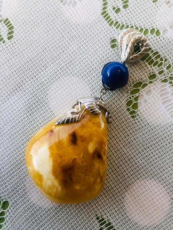 DOĞAL KAYA DAMLA KEHRİBAR LAPİS LAZULİ TAŞLI KOLYE UCU 28,8 Gram - 2