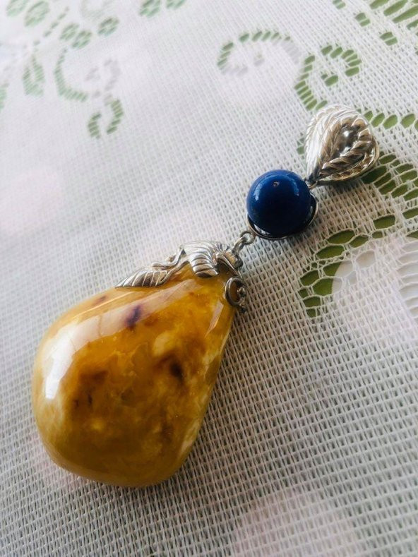 DOĞAL KAYA DAMLA KEHRİBAR LAPİS LAZULİ TAŞLI KOLYE UCU 28,8 Gram - 3