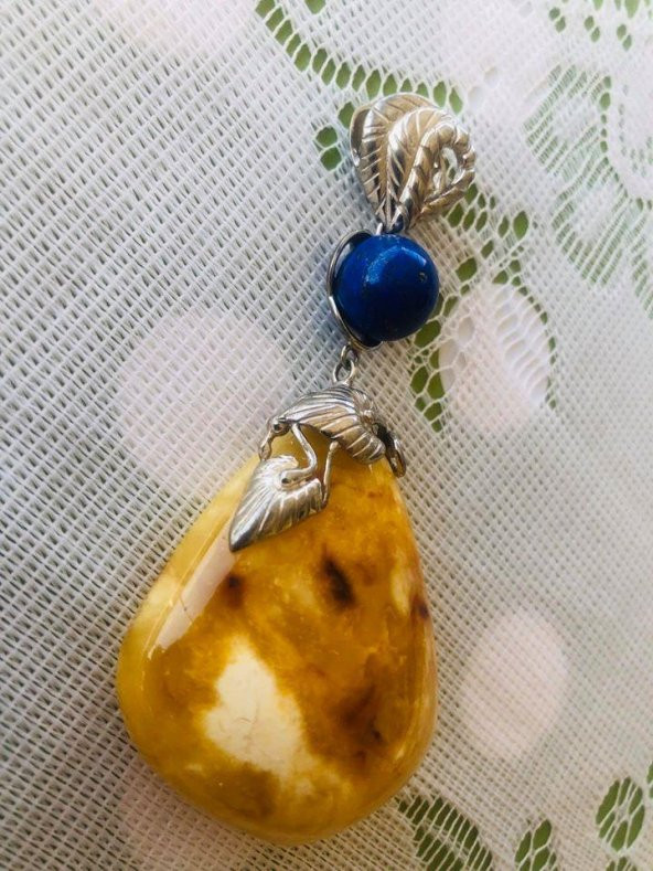 DOĞAL KAYA DAMLA KEHRİBAR LAPİS LAZULİ TAŞLI KOLYE UCU 28,8 Gram - 4