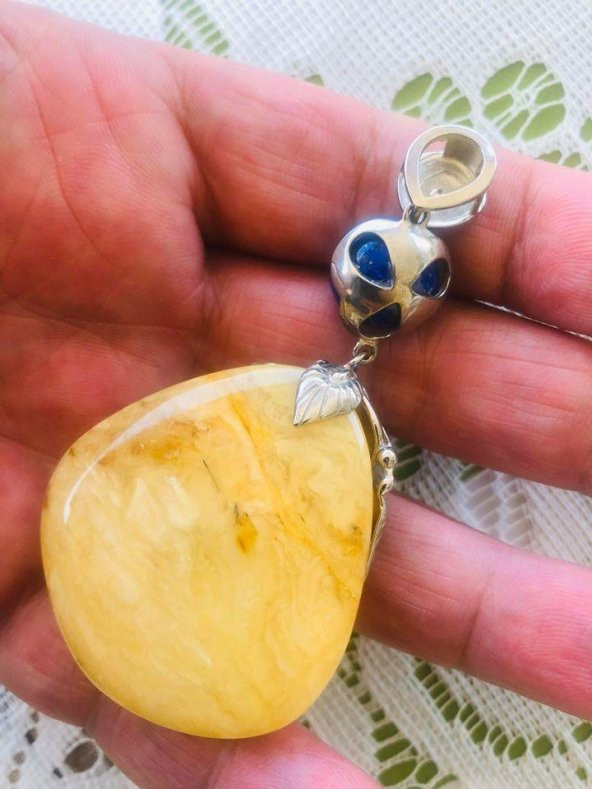 DOĞAL KAYA DAMLA KEHRİBAR LAPİS LAZULİ TAŞLI KOLYE UCU 23,34 Gram - 5
