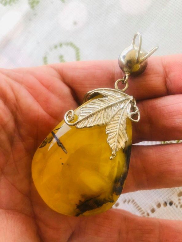 DOĞAL KAYA DAMLA KEHRİBAR LAPİS LAZULİ TAŞLI KOLYE UCU 32,28 Gram - 5