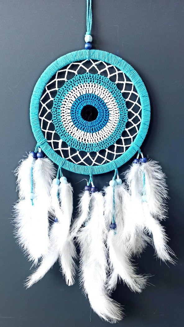 Nazar Boncuğu Motifli Turkuaz Rengi Dream Catcher Beyaz Kuş Tüylü Düş Kapanı Duvar Süsü - 3