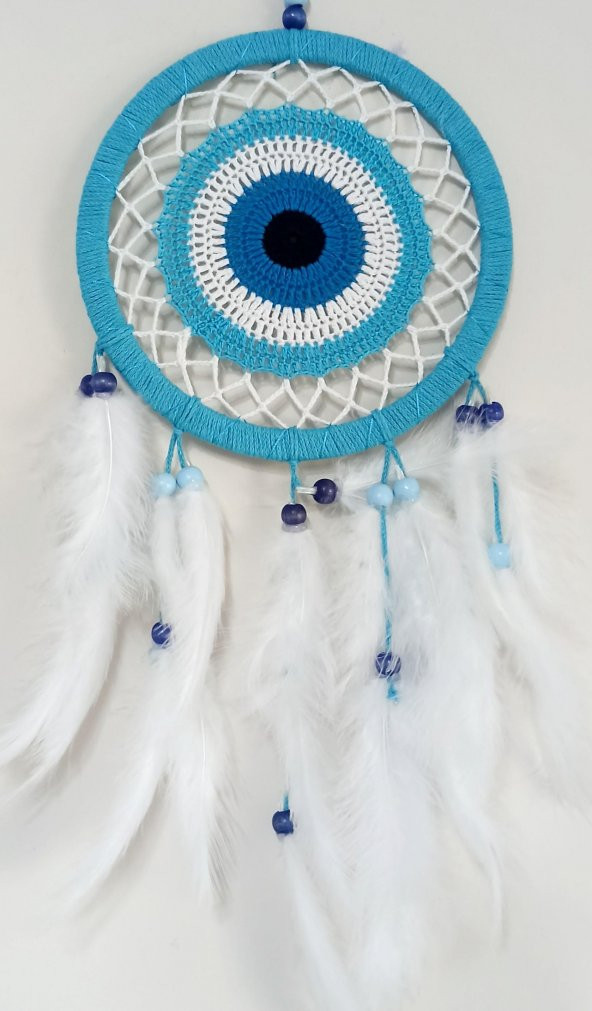 Nazar Boncuğu Motifli Turkuaz Rengi Dream Catcher Beyaz Kuş Tüylü Düş Kapanı Duvar Süsü - 1