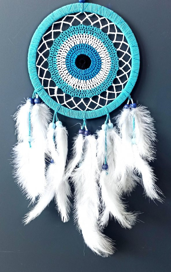 Nazar Boncuğu Motifli Turkuaz Rengi Dream Catcher Beyaz Kuş Tüylü Düş Kapanı Duvar Süsü - 2