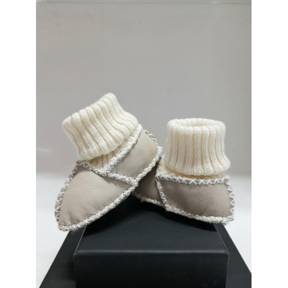 Nazlı Giyim Bebek Unisex Bej Hakiki Kuzu Derisi İlk Adım Ayakkabısı Panduf Patik - NG3001