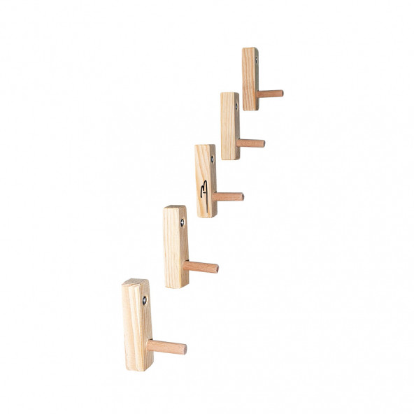 Barış Dizayn Doğal ahşap Tekli mini askılık çok amaçlı dolap duvar askısı (5li set) - 5