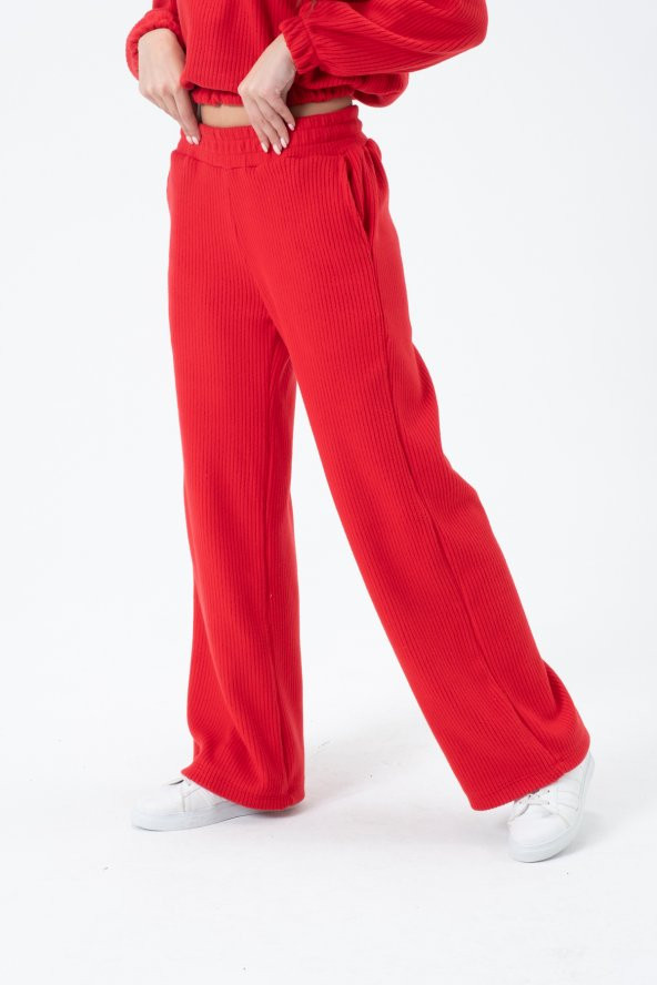 23090-Kadın Beli Lastikli Geniş Paçalı Salaş Pantolon - Kırmızı