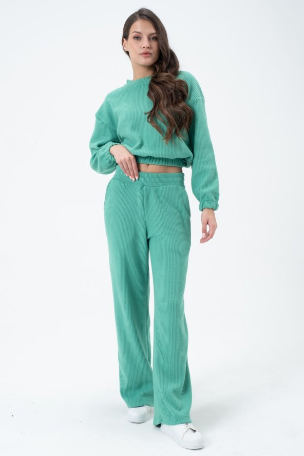 23090-Kadın Beli Lastikli Geniş Paçalı Salaş Pantolon - Yeşil