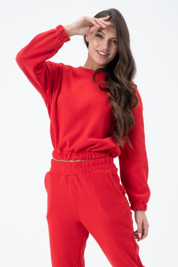 23095-Kadın Beli Lastikli Bisiklet Yaka Crop Sweatshirt - Kırmızı