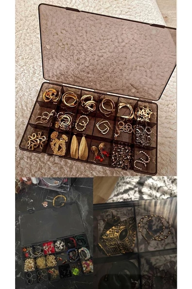 Füme 2 Adet 18 Bölmeli Kolye Yüzük Kapaklı Takı Kutusu Dikiş Kutusu Organizer Düzenleyici Kutu - 5