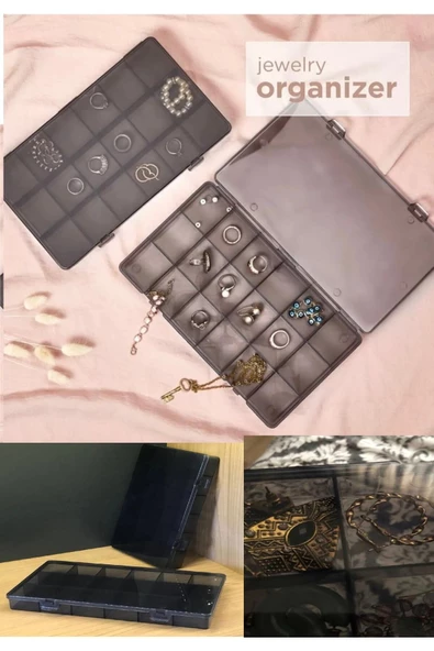 Füme 2 Adet 18 Bölmeli Kolye Yüzük Kapaklı Takı Kutusu Dikiş Kutusu Organizer Düzenleyici Kutu - 3