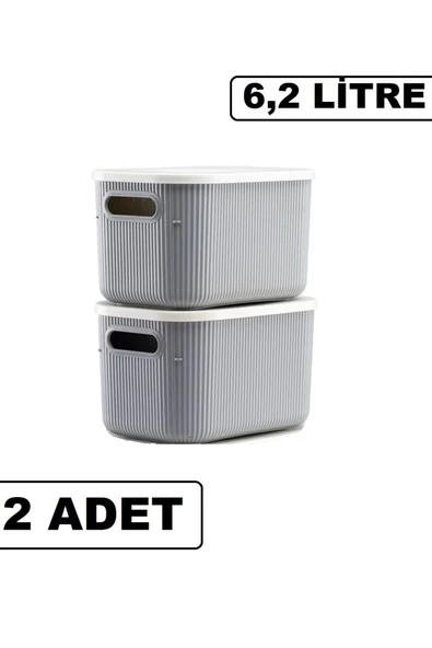 2 Adet Storage 6lt Gri Çok Amaçlı Dolap Düzenleyici Kapaklı Kutu, Dekoratif Anaokulu Saklama Kutusu - 2