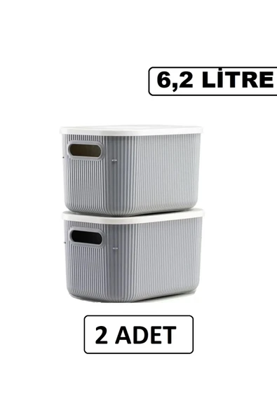 2 Adet Storage 6lt Gri Çok Amaçlı Dolap Düzenleyici Kapaklı Kutu, Dekoratif Anaokulu Saklama Kutusu