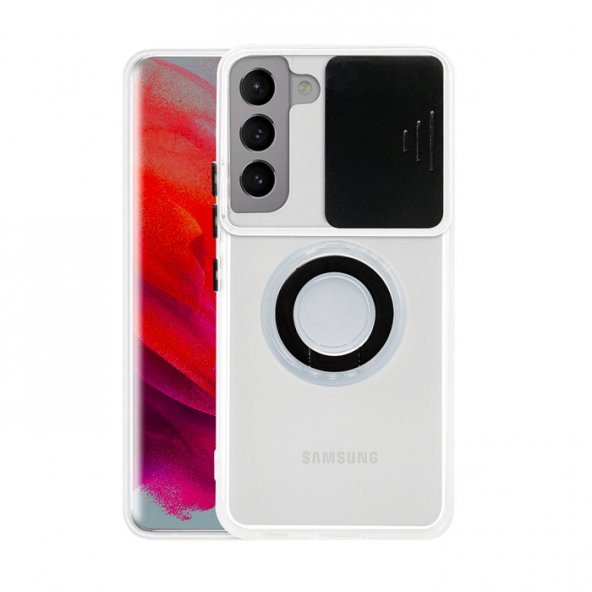 SM Galaxy S21 Plus - S30 Plus Kılıf Sürgülü Kamera Lens Korumalı Yüzük Standlı Silikon Kılıf
