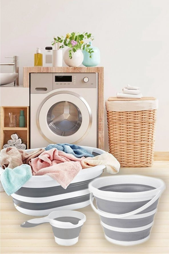 3lü Set Katlanır Çamaşır Sepeti - Katlanabilir Akordiyon Su Kovası -maşrapa