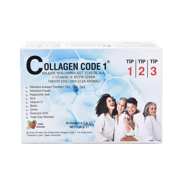 Collagen Code 1 Tip1 - Tip 2 - Tip 3 Hidrolize Kolajen Çilek Aromalı 30 Saşe