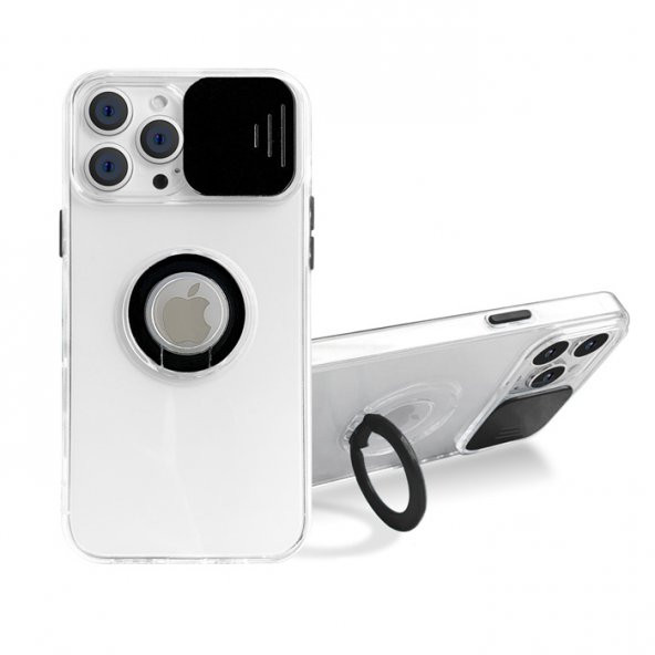 iPhone 12 Pro Max Kılıf Sürgülü Kamera Lens Korumalı Yüzük Standlı Silikon Kılıf