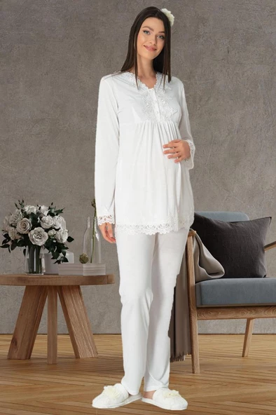 Carpediem L.R. 1501 Bayan Hamile Lohusa Ekru Pijama Takımı - 4