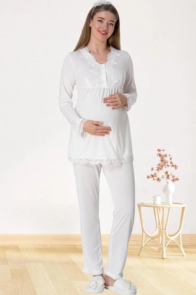 Carpediem L.R. 1501 Bayan Hamile Lohusa Ekru Pijama Takımı - 3