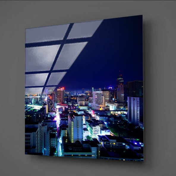 Gece Şehir ve Işıklar Cam Tablo