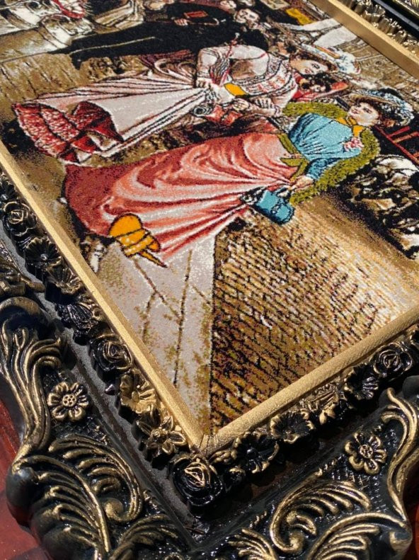 Elegantes Gezintinde Adlı İran Tebriz Halı Tablo 94x74cm - Duvar Halı Kilim Tablo - 6