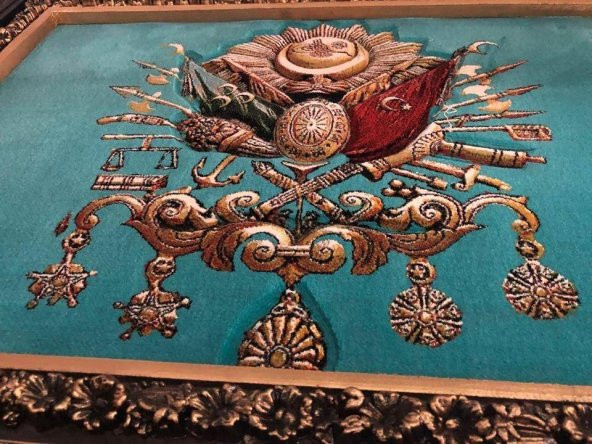 Osmanlı Devlet Arması Halı Kilim Tablo 95x75cm Turkuaz - İran Tebriz Halı Tablo - 4