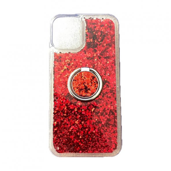 Iphone 12 Mini Pullu Silikon Kılıf Kırmızı - Yüzüklü Akışkan Pullu Kılıf