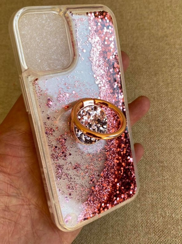 Iphone 12 Mini Pullu Silikon Kılıf Pembe - Yüzüklü Akışkan Pullu Kılıf - 5