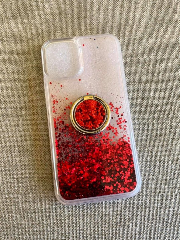 Iphone 12 Mini Pullu Silikon Kılıf Kırmızı - Yüzüklü Akışkan Pullu Kılıf - 4