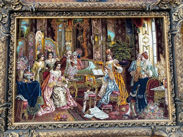 Fransız Aile Toplantısı Temalı İran Tebriz Halı Tablo 123x93 cm - Duvar Halı Kilim Tablo