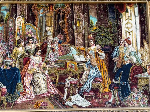 Fransız Aile Toplantısı Temalı İran Tebriz Halı Tablo 123x93 cm - Duvar Halı Kilim Tablo - 2