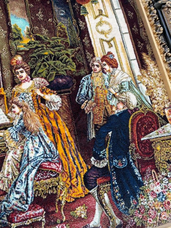 Fransız Aile Toplantısı Temalı İran Tebriz Halı Tablo 123x93 cm - Duvar Halı Kilim Tablo - 4