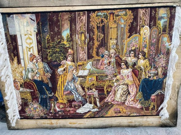 Fransız Aile Toplantısı Temalı İran Tebriz Halı Tablo 123x93 cm - Duvar Halı Kilim Tablo - 6