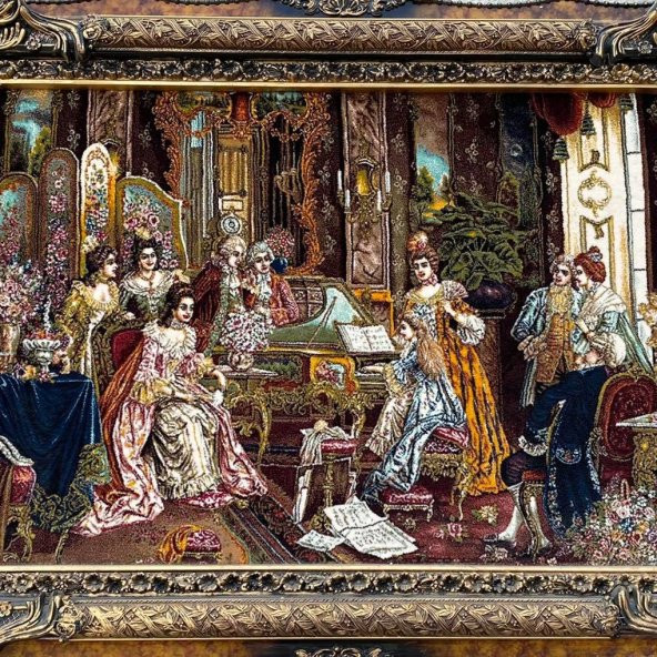 Fransız Aile Toplantısı Temalı İran Tebriz Halı Tablo 123x93 cm - Duvar Halı Kilim Tablo - 8