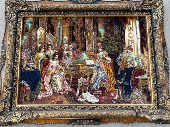 Fransız Aile Toplantısı Temalı İran Tebriz Halı Tablo 123x93 cm - Duvar Halı Kilim Tablo - 9