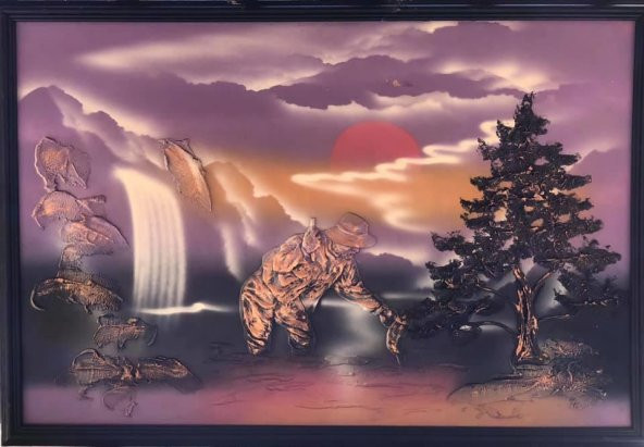 Kabartmalı 3D Tablo 95x65 cm - Şelalede Balık Yakalayan Yaşlı Adam Tablo - 2
