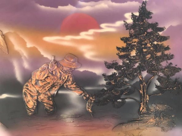 Kabartmalı 3D Tablo 95x65 cm - Şelalede Balık Yakalayan Yaşlı Adam Tablo - 3