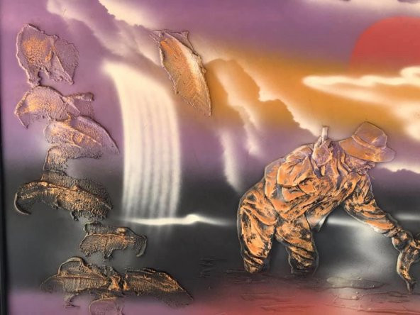 Kabartmalı 3D Tablo 95x65 cm - Şelalede Balık Yakalayan Yaşlı Adam Tablo - 4