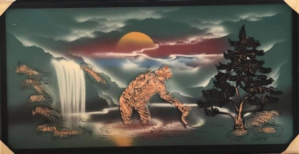 Kabartmalı 3D Tablo 105x55 cm - Şelalede Balık Yakalayan Yaşlı Adam Tablo - 2
