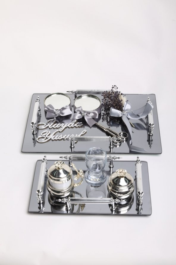 Gümüş Aynalı Cam 4 Kulplu Dekoratif İkili Söz Nişan ve Lüks Damat  Kahve Fincan Tepsi Seti