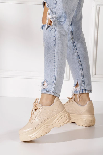 Günlük Kadın Spor Ayakkabı Yüksek Taban 6 Cm Sneaker Siyah - Beyaz - Bej - Rugan - Süet 001 - 5