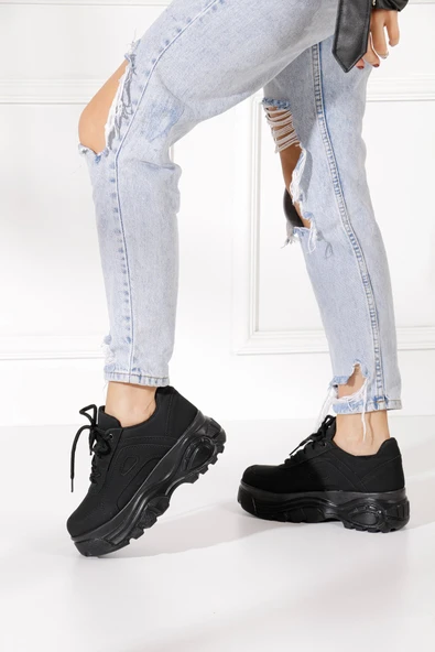 Günlük Kadın Spor Ayakkabı Yüksek Taban 6 Cm Sneaker Siyah - Beyaz - Bej - Rugan - Süet 001 - 11