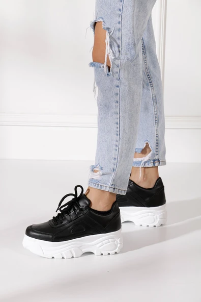 Günlük Kadın Spor Ayakkabı Yüksek Taban 6 Cm Sneaker Siyah - Beyaz - Bej - Rugan - Süet 001 - 3