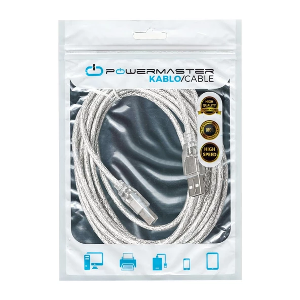 POWERMASTER 5 METRE 2.0V ŞEFFAF/MAVİ USB YAZICI KABLOSU - 2