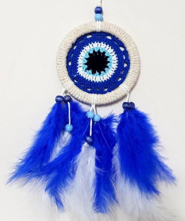 Saks Mavisi Kuş Tüylü Nazar Boncuğu Motifli El Yapımı Duvar Süsü ürün görseli