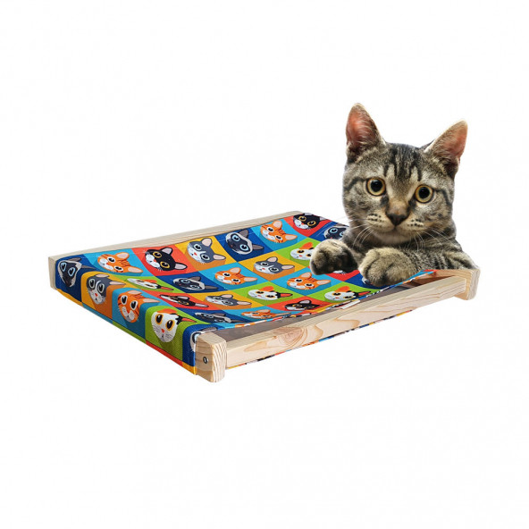 Barış Dizayn Doğal ahşap duvara monte kedi hamağı kedi yatağı kedi hamak (43cm x 36cm) Kareli