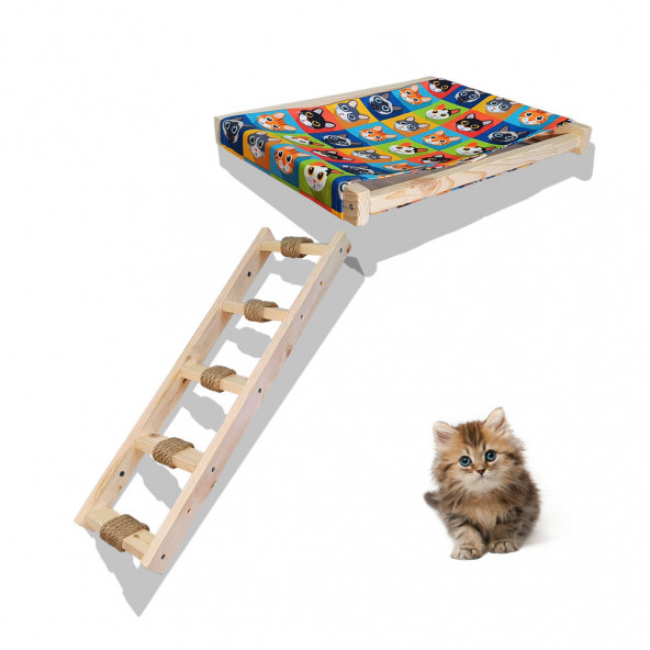 Barış Dizayn Duvara monte kedi hamağı ve kedi merdiveni takımı kedi yatağı sağ sol uyumlu set Kareli