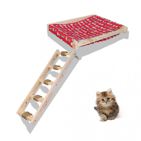 Barış Dizayn Duvara monte kedi hamağı ve kedi merdiveni takımı kedi yatağı sağ sol uyumlu set Kırmızı