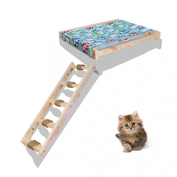 Barış Dizayn Duvara monte kedi hamağı ve kedi merdiveni takımı kedi yatağı sağ sol uyumlu set Mavi