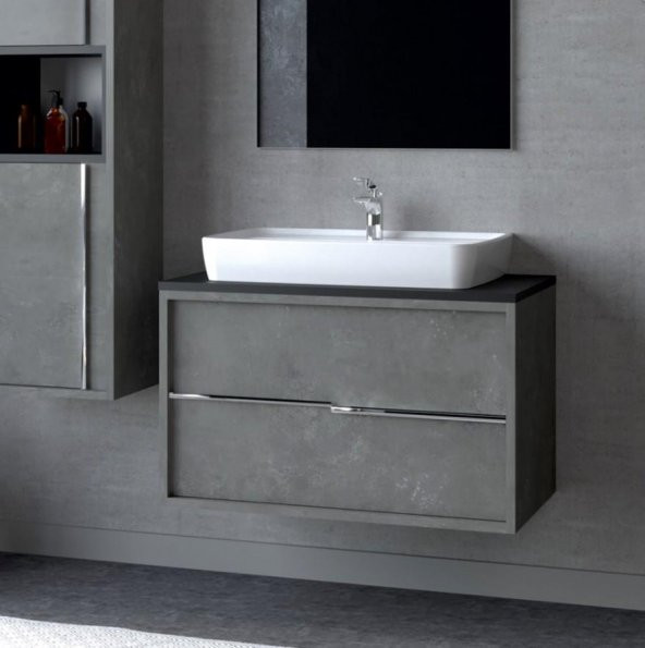 Denko Matia 80 cm MDF Retro Gümüş Banyo Dolabı Alt Modül ve Lavabo
